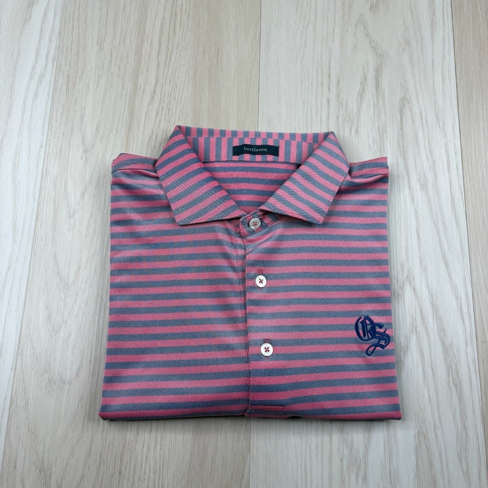 Turtleson Mens Pink Striped Old Sandwich Golf Club Performance Polo Shirt Size L